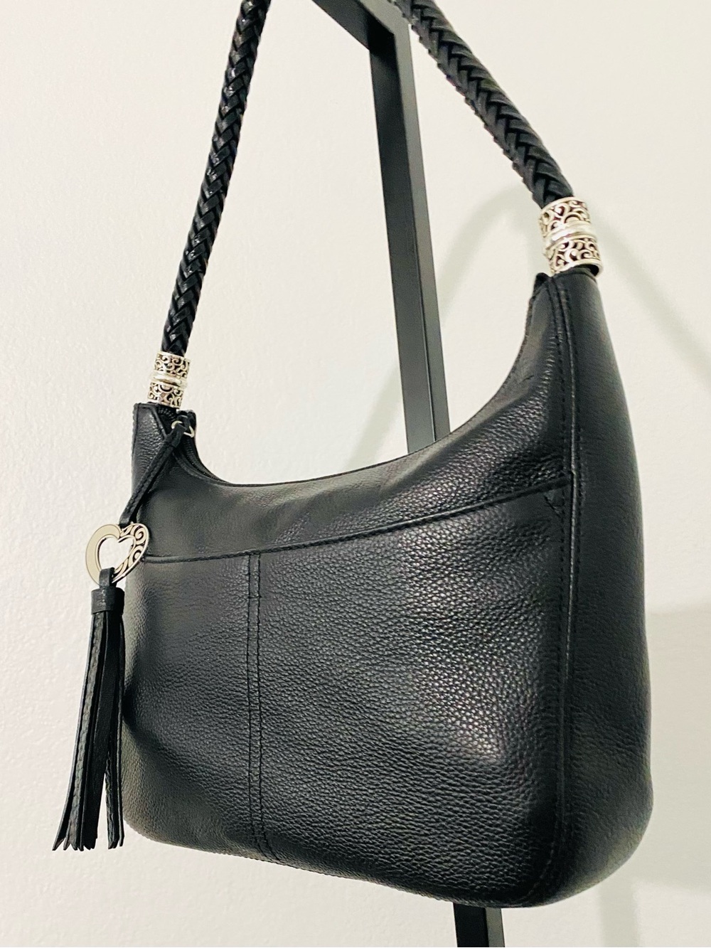 Brighton Barbados Black Leather Hobo Shoulder Bag Braided Strap Like New - Picture 6 of 16